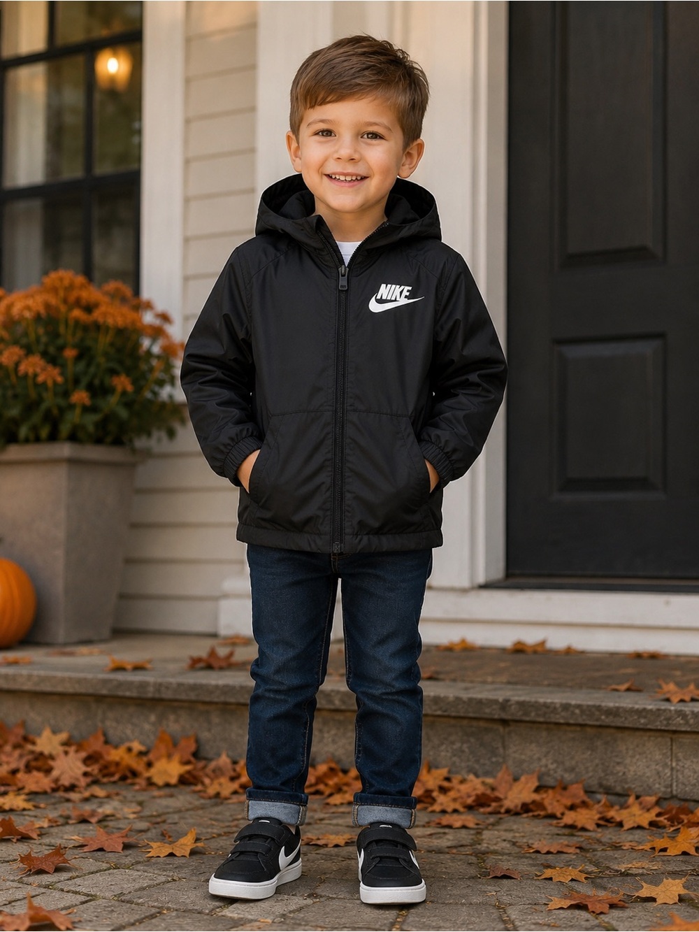 Nike Black Kids' Hooded Windbreaker Jacket with White Logo